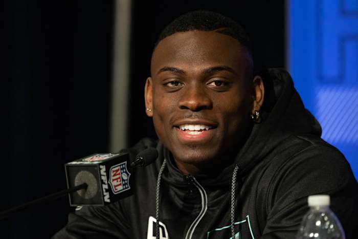 Mar 5, 2022; Indianapolis, IN, USA; Clemson defensive back Andrew Booth (DB04) talks to the media during the 2022 NFL Scouting Combine at Lucas Oil Stadium. Mandatory Credit: Trevor Ruszkowski-USA TODAY Sports